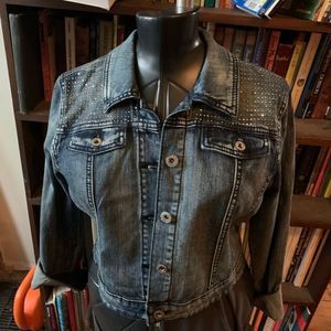 Reba rhinestone western cropped distressed M denim jacket